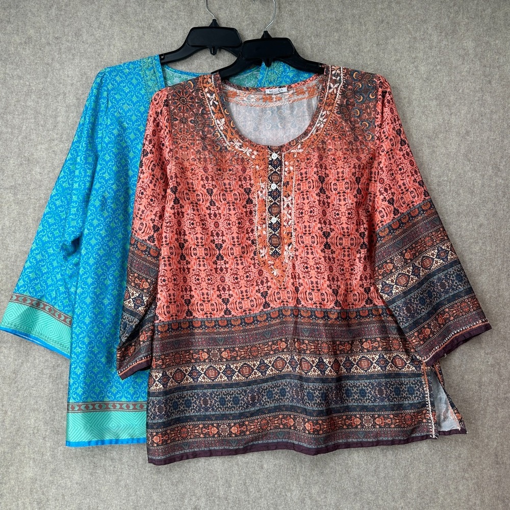 Set of 2 Novica Blue Orange Floral Tunic‎ Blouse XXL Satin Silky Blouses Boho